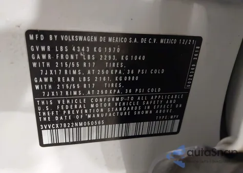 2022 Volkswagen Taos 1.5T S z USA, uszkodzony, nr VIN 3VVCX7B22NM050565